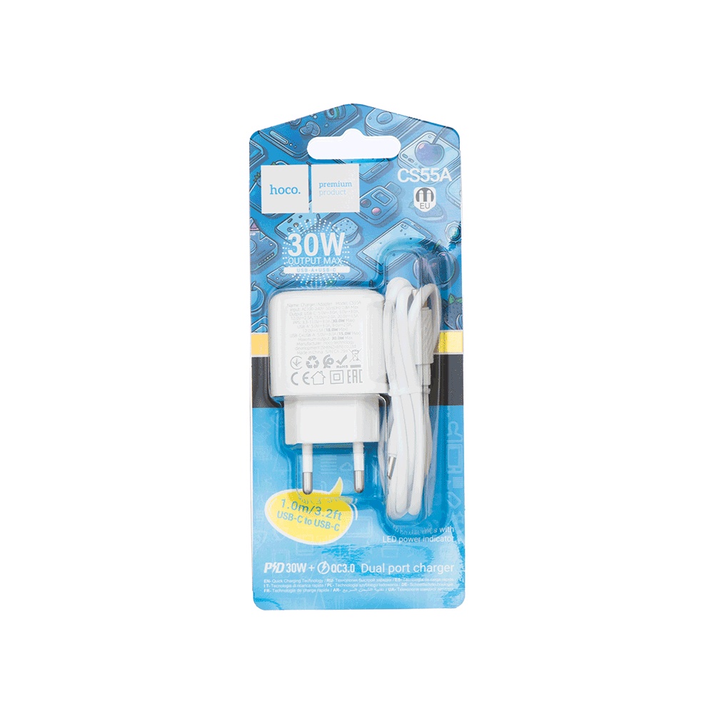 شاحن جداري هوكو منفذ USB وتايب سي بقوة 30 وات مع وصلة مدمجة موديل CS55A - أبيض