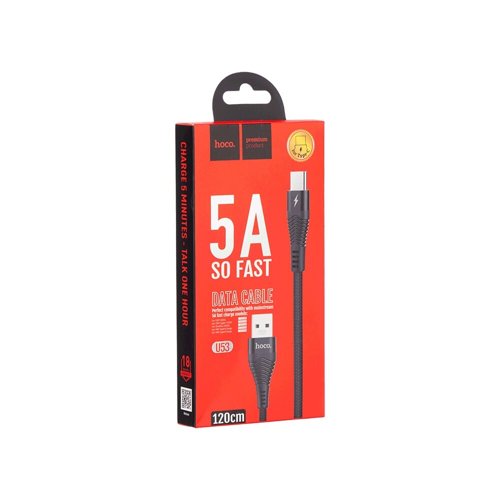 كابل شحن يو اس بي تايب سي هوكو بقوة 5 أمبير بطول 1.2 متر موديل U53 - أسود