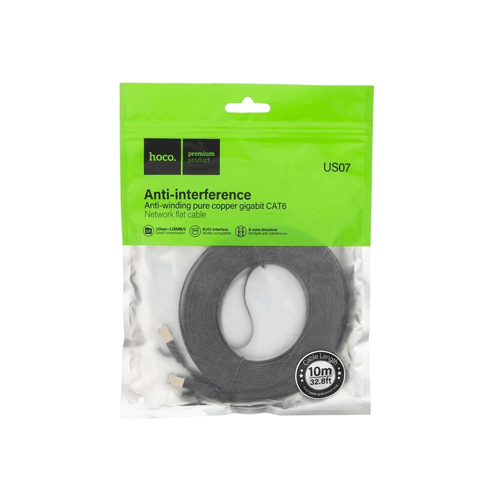 كابل شبكة هوكو CAT6 بطول 10 متر موديل US07 - أسود