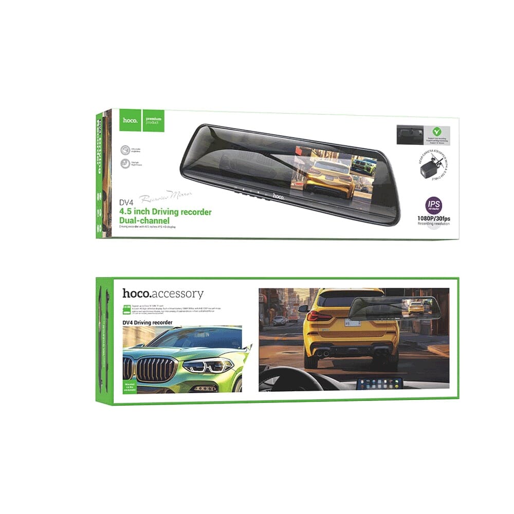 كاميرا تصوير قيادة سيارات هوكو مزدوجة مرآة رؤية خلفية بدقة Full HD موديل DV4 - أسود
