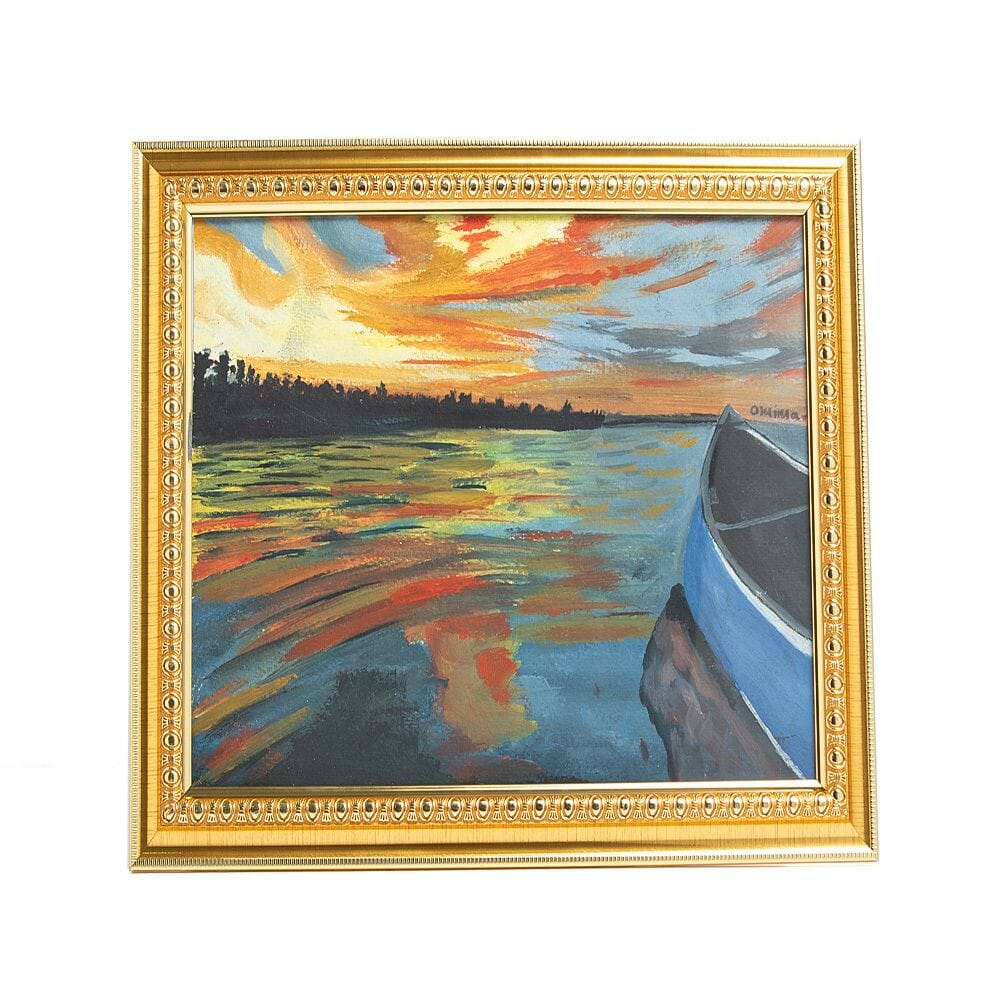 لوحة فنية للغروب رسم قارب و بحر بألوان زيتية على ورق - مقاس A5