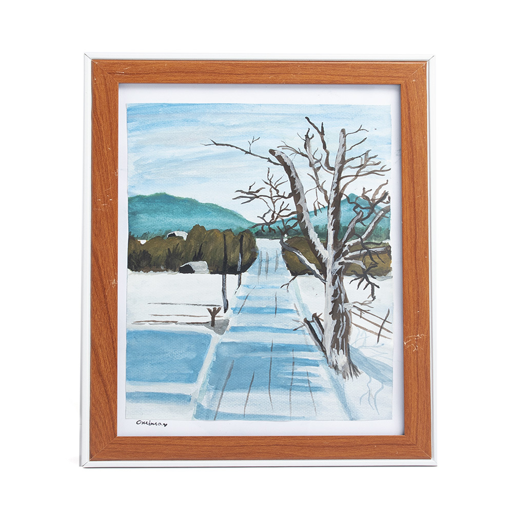 لوحة فنية لنهار ثلجي رسم بألوان الجواش على ورق كانسون - مقاس A5