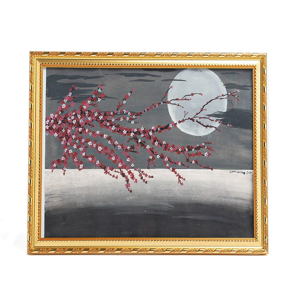 لوحة فنية ليلية رسم بحر و قمر كبير بألوان الجواش على ورق - مقاس A5