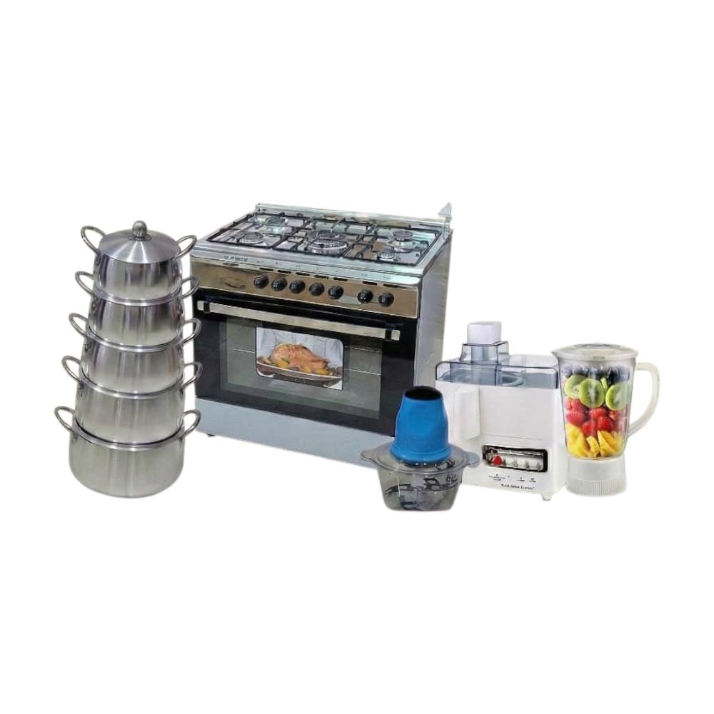 مجموعة المطبخ المتنوعة من طباخ غاز (بوتجاز) + طقم قدور 5 حبات ستانلس ستيل + خلاطات طعام + فرامة طعام