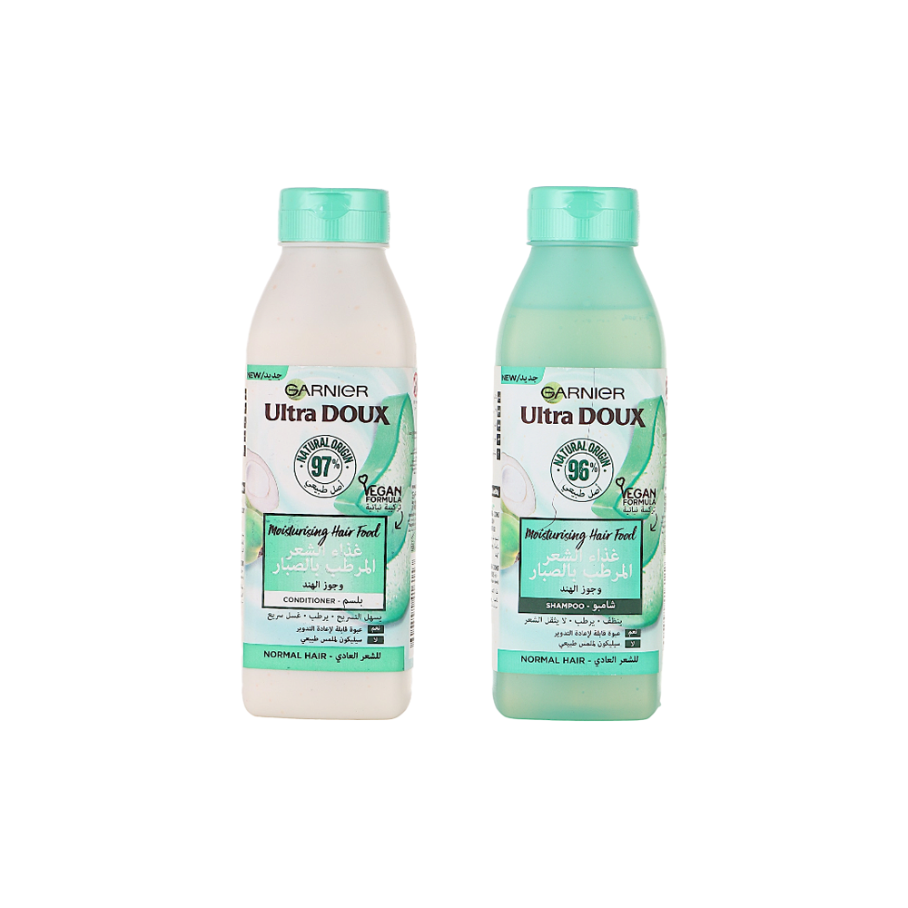 جارنييه آلترا دوكس شامبو + بلسم غذاء مرطب للشعر بخلاصة الصبار و جوز الهند للشعر العادي - 300 مل