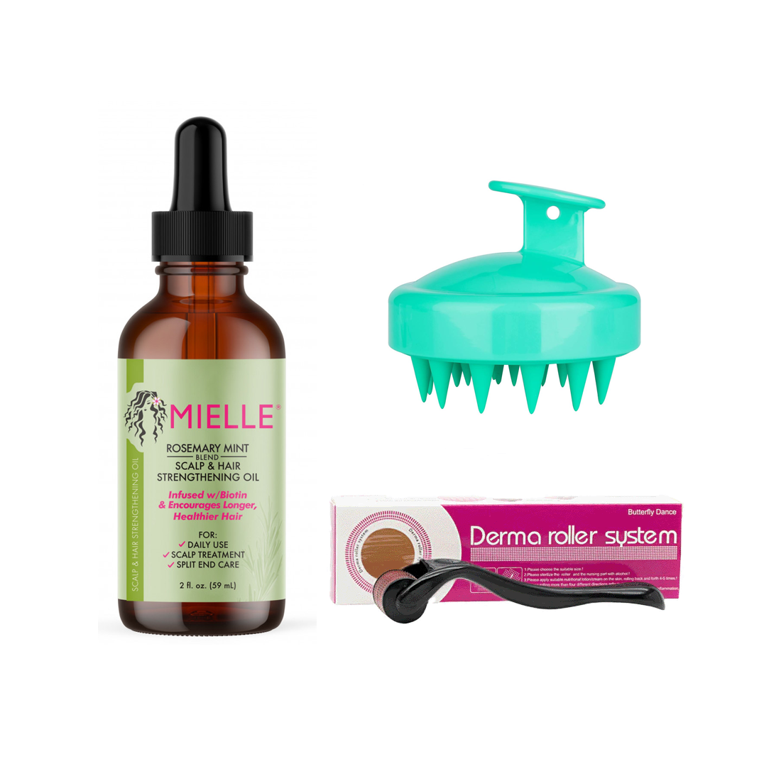 ميلي زيت إكليل الجبل و النعناع لتقوية الشعر 59 مل + ديرما رولر13 سم + فرشاة سيليكون