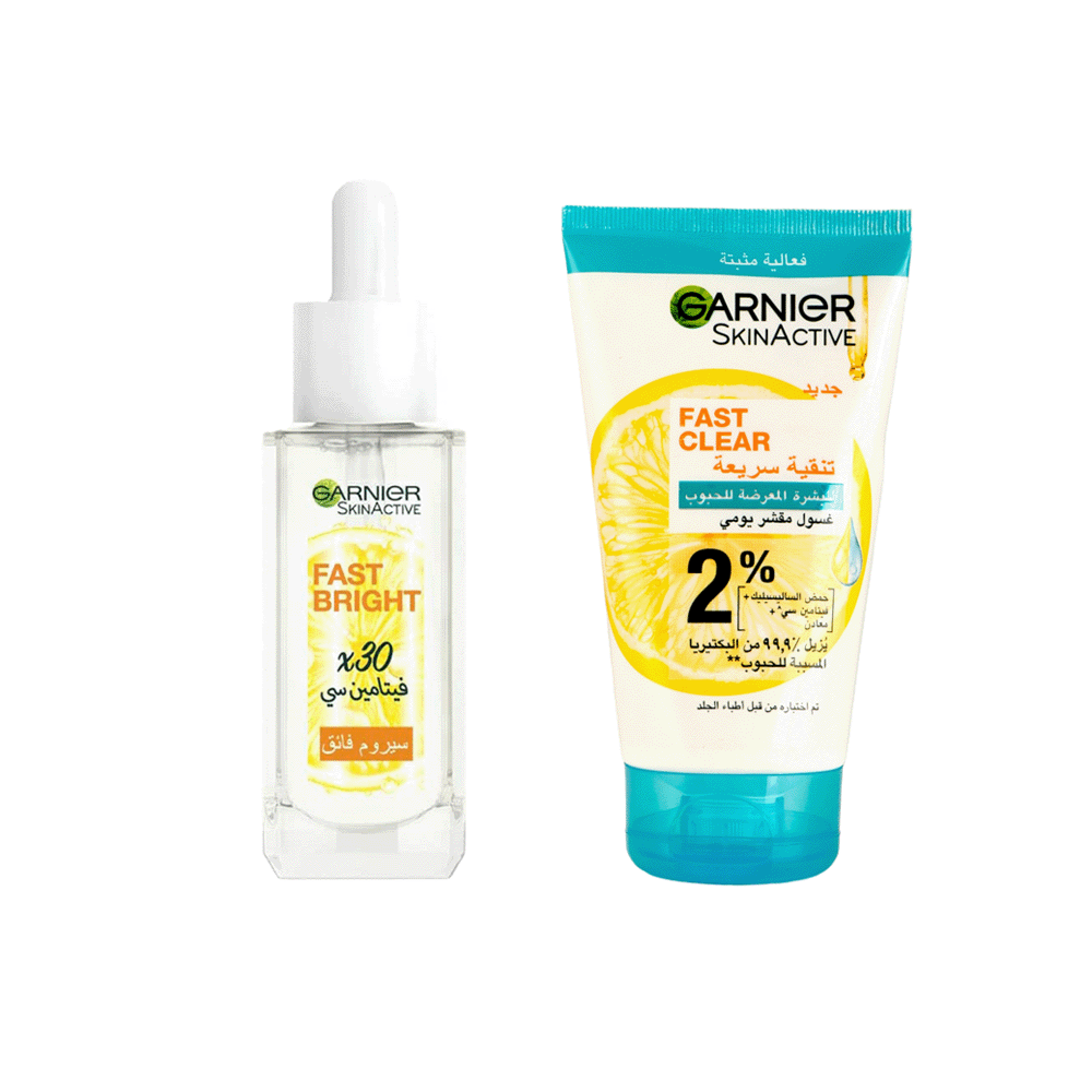 جارنيه غسول مقشر يومي للبشرة المعرضة لحب الشباب بخلاصة فيتامين سي 150 مل + سيروم التفتيح الفائق فاست برايت بفيتامين سي 30 مل