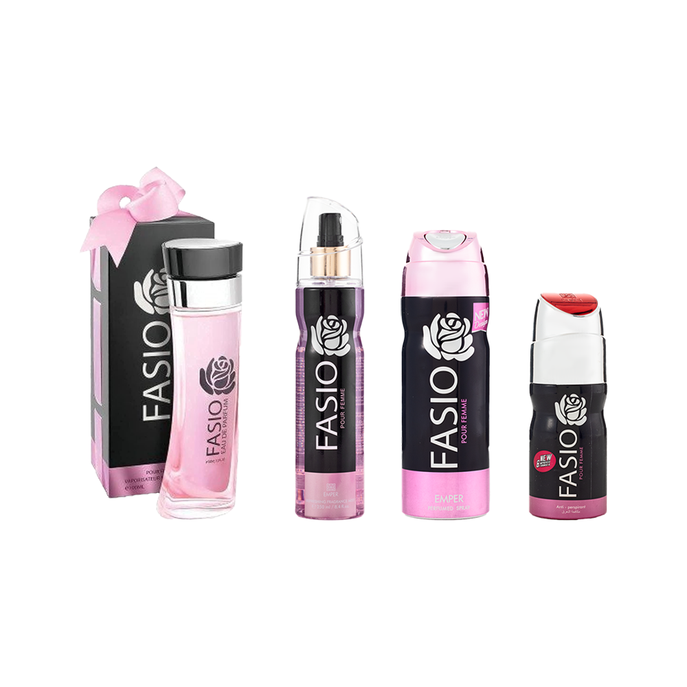 باكج امبر فاسو للنساء بخاخ مضاد للتعرق 60مل  + بخاخ رائحة جسم نسائي  200مل  + معطر جسم نسائي 250مل + عطر نسائي 100مل