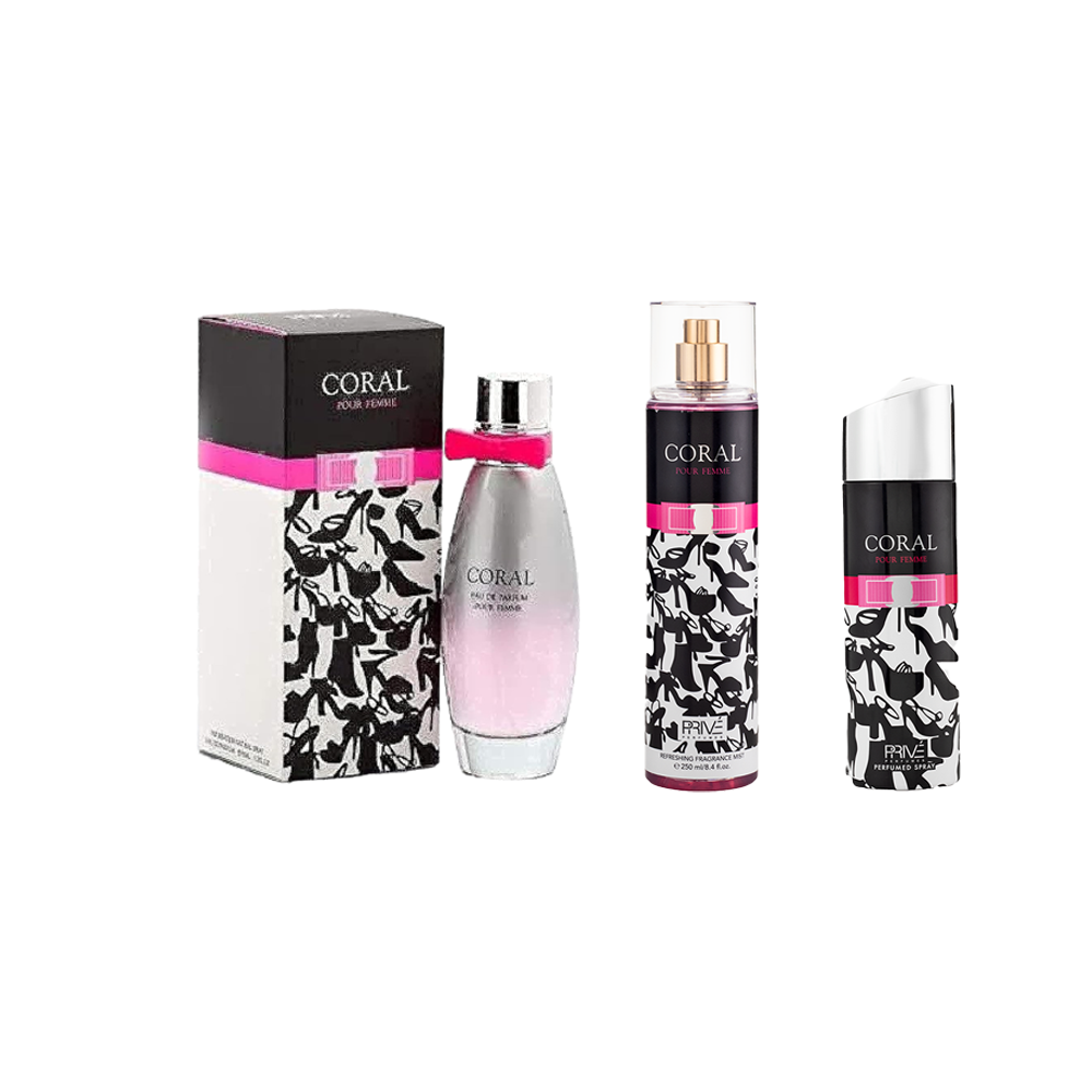 باكج عطور نسائية إمبر كورال عطر نسائي 95مل  + بريف كورال معطر جسم نسائي 250مل + بريف كورال بخاخ رائحة جسم نسائي 175مل 
