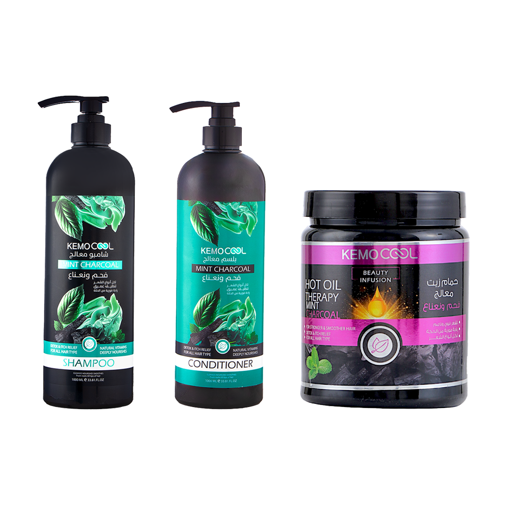 باكج كيمو كول يتكون من شامبو شعر + حمام زيت + بلسم معالج للشعر بالفحم والنعناع بحجم 3*1000 مل- 3 قطع