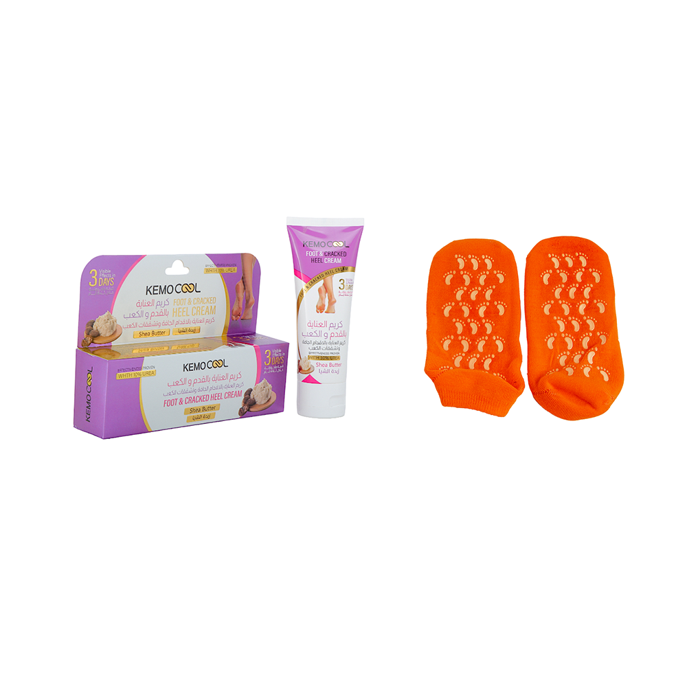 باكج كيمو كول للعناية بالقدم والكعب كريم بزبدة الشيا  75 مل + سبأ جل سوكس جوارب سيليكون برتقالي 