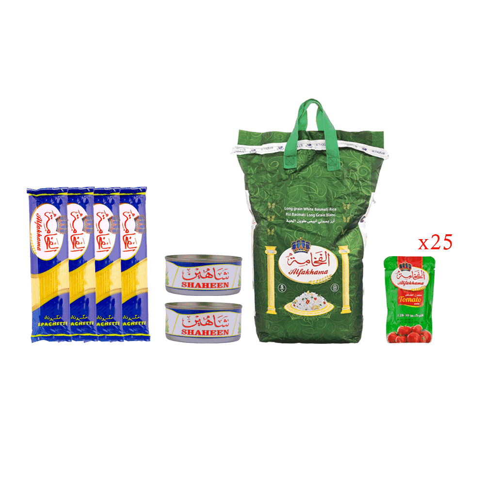 باكج أرز بسمتي الفخامة 5 كجم + مكرونة 400 جم + معجون طماطم 70 جم + تونة شاهين 160 جم 