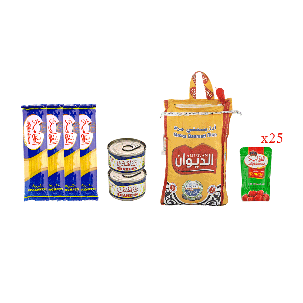 باكج أرز بسمتي الديوان مزة 5 كجم + 4 حبات مكرونة الفخامة 400 جم + معجون طماطم 70 جم*25 حبة + 2 علب تونة شاهين 95 جم