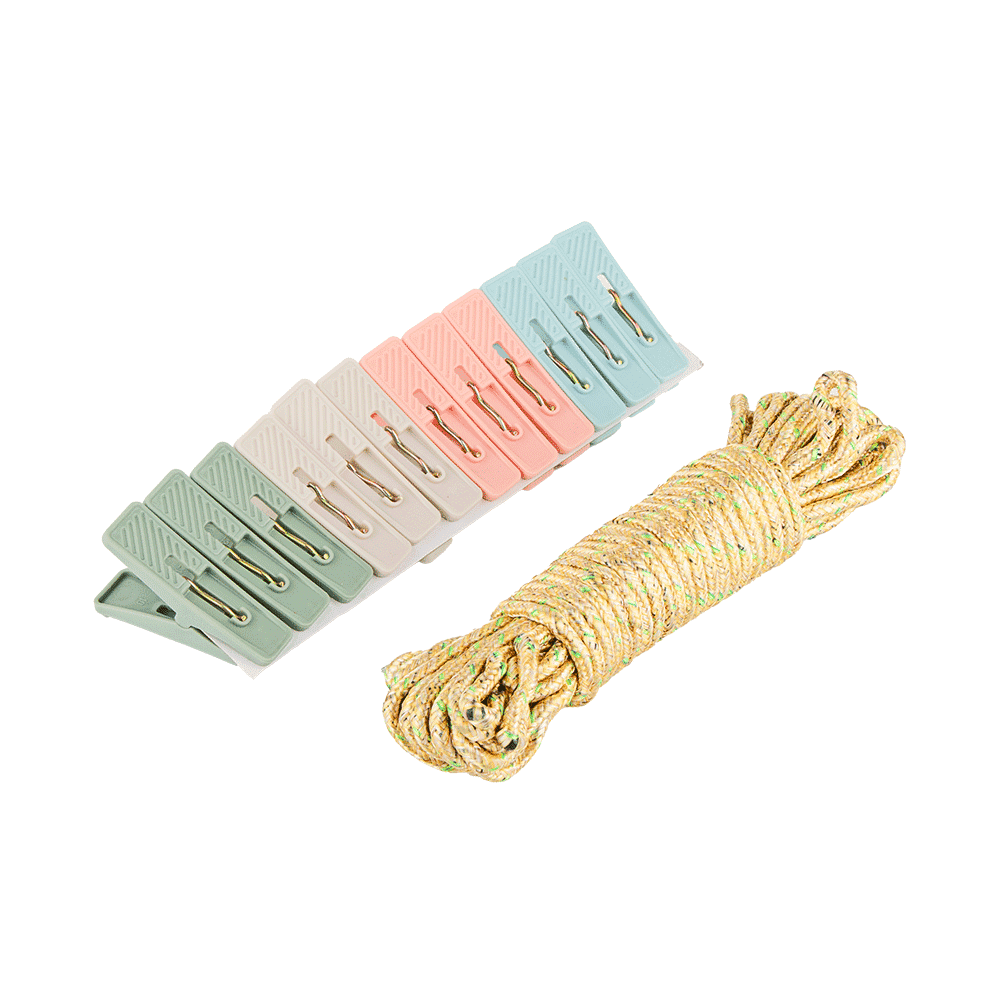 مجموعة مشابك غسيل بلاستيكية مع حبل غسيل ذهبي - 13 قطعة